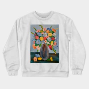 a beautiful bouquet of mixed flowers in a silver vase Crewneck Sweatshirt